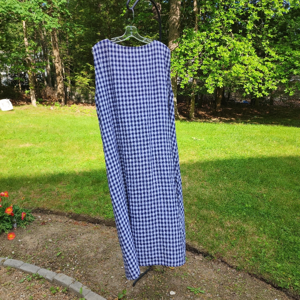 Apuntob Blue & White Linen  Sleeveless Gingham Midi Dress Large - Picture 4 of 15